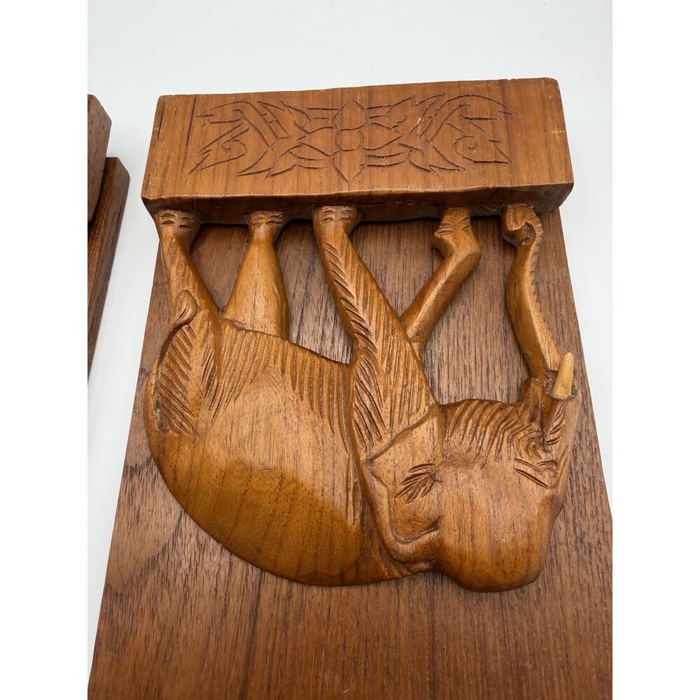 Vintage Wooden Carved Elephant Folding Bookends Set of 2 Brown Hand Carved - Picture 5 of 12